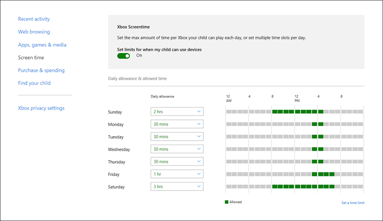 Screenshot managing screen time on Xbox One 
